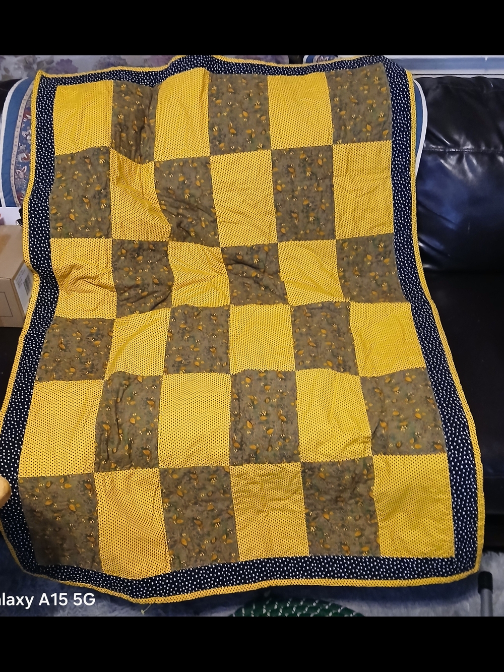 Hand Crafted Yellow and Olive Patchwork Quilt with Navy Polka Dot Border